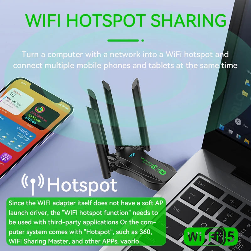 Dual-Band 1200Mbps USB 3.0 WiFi Adapter with 4 Antennas — 2.4/5GHz Wireless Dongle for PC & Laptop (Windows Compatible)