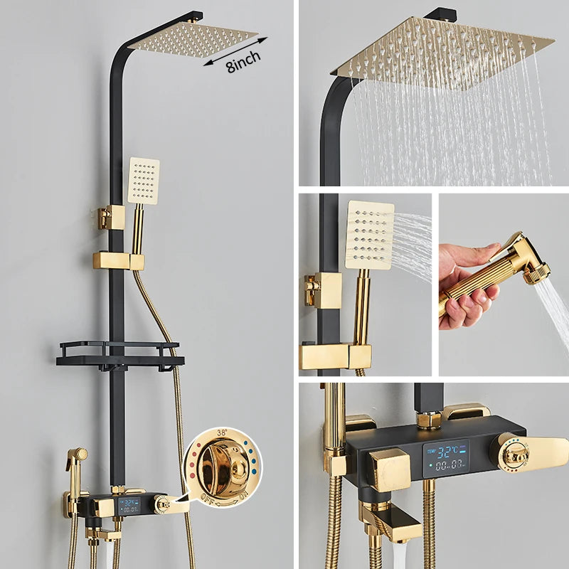 Black Thermostatic Shower Mixer with Digital Display, 4-Way Valve, 8-Inch (20 cm) Rainfall Head & Shelf