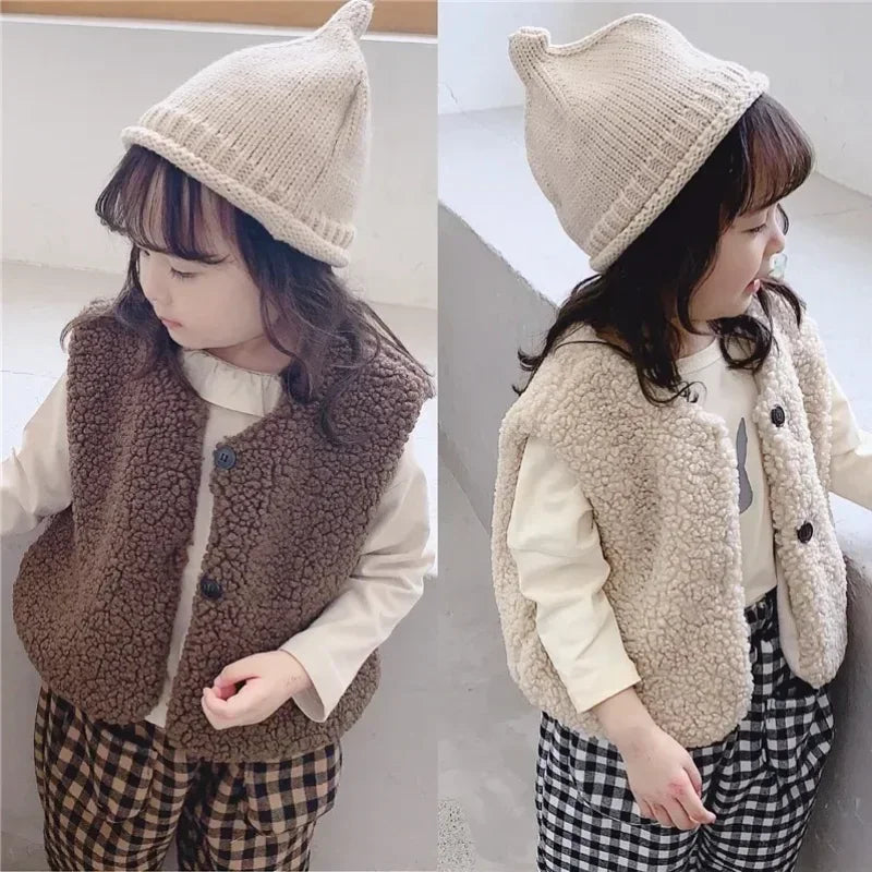 Kids Faux Lamb Wool Vest – Plush V-Neck Sleeveless Coat for Boys & Girls, Warm Autumn Winter Waistcoat
