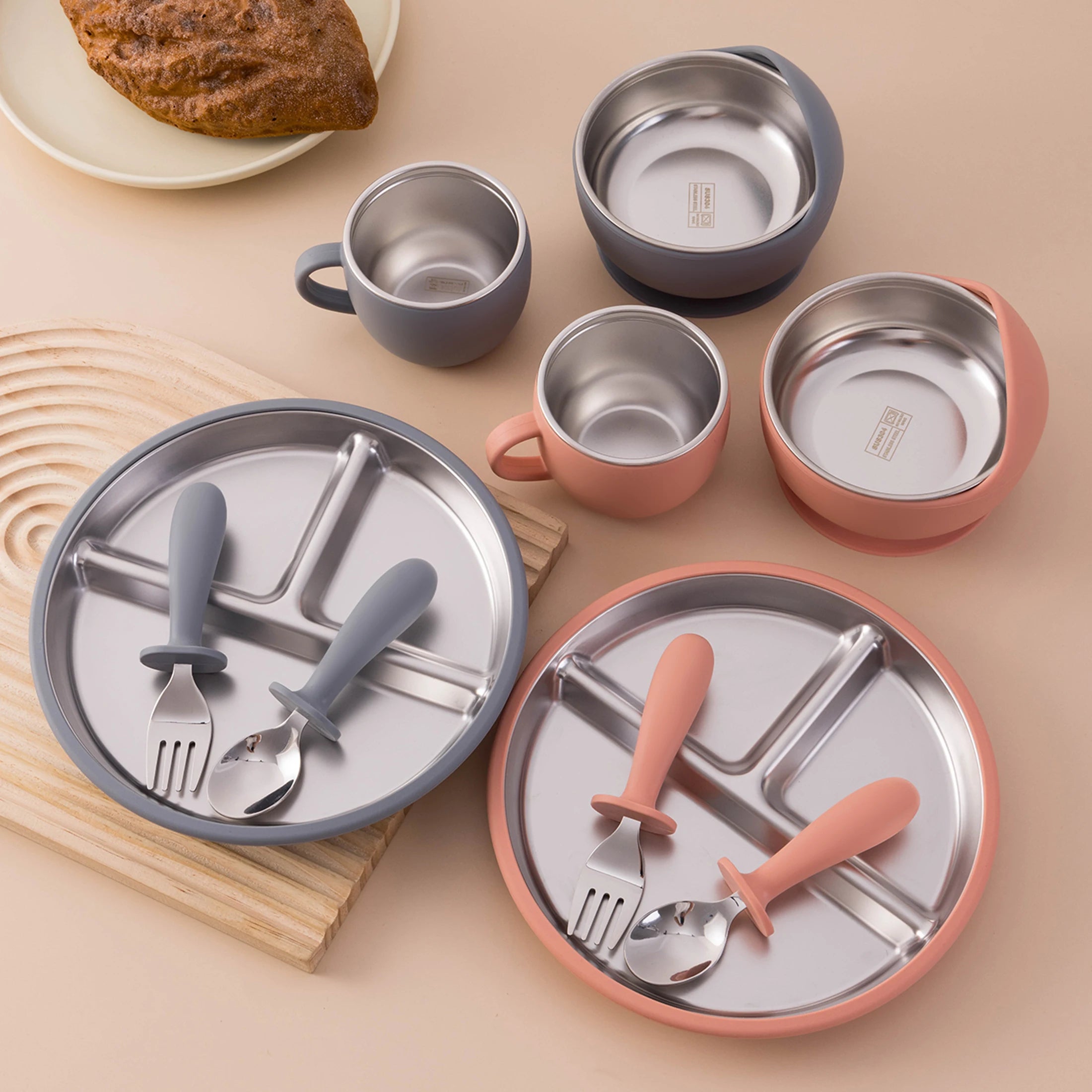 5-Piece Baby Feeding Set — Stainless Steel Plates & Utensils with Detachable Silicone Suction Bowl, BPA-Free Infant Fork Spoon Cup
