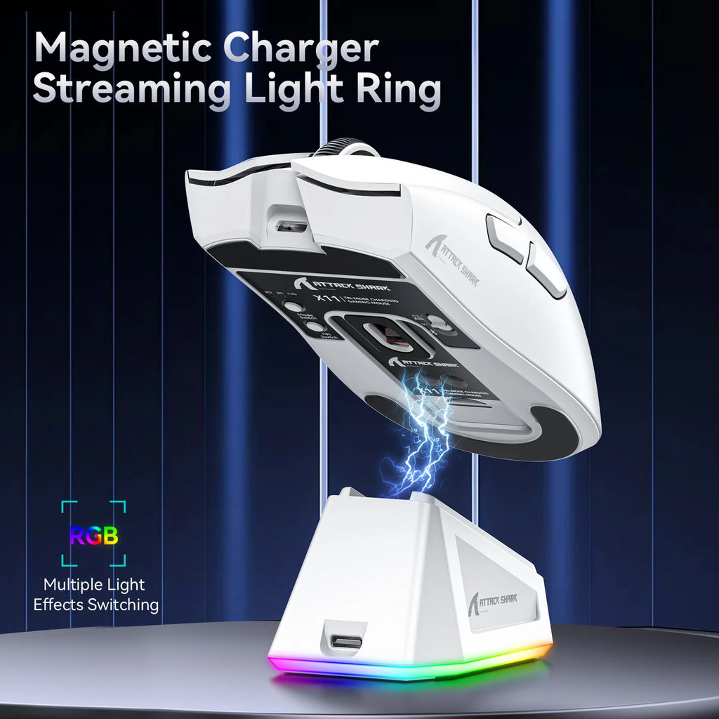 Mini Rechargeable Gaming Mouse — Up to 22,000 DPI, PAW3311 Sensor, Wired / 2.4G / Bluetooth 5.2 with Magnetic RGB Charging Base