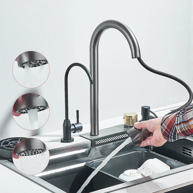 304 Stainless Steel 60 x 45 cm (23.6 x 17.7 in) Single Bowl Kitchen Sink with Waterfall Faucet Set, Soap Dispenser & Filter