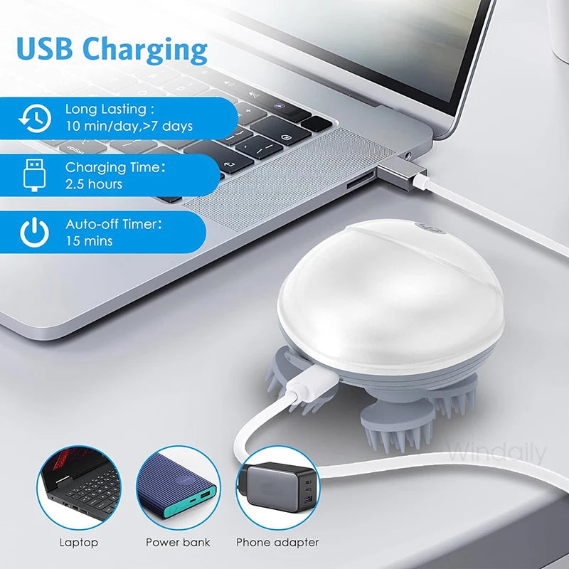 Rechargeable Electric Scalp & Head Massager — Handheld Deep-Kneading 4-Head, IPX6 Waterproof for Hair Growth, Relaxation & Pet Massage