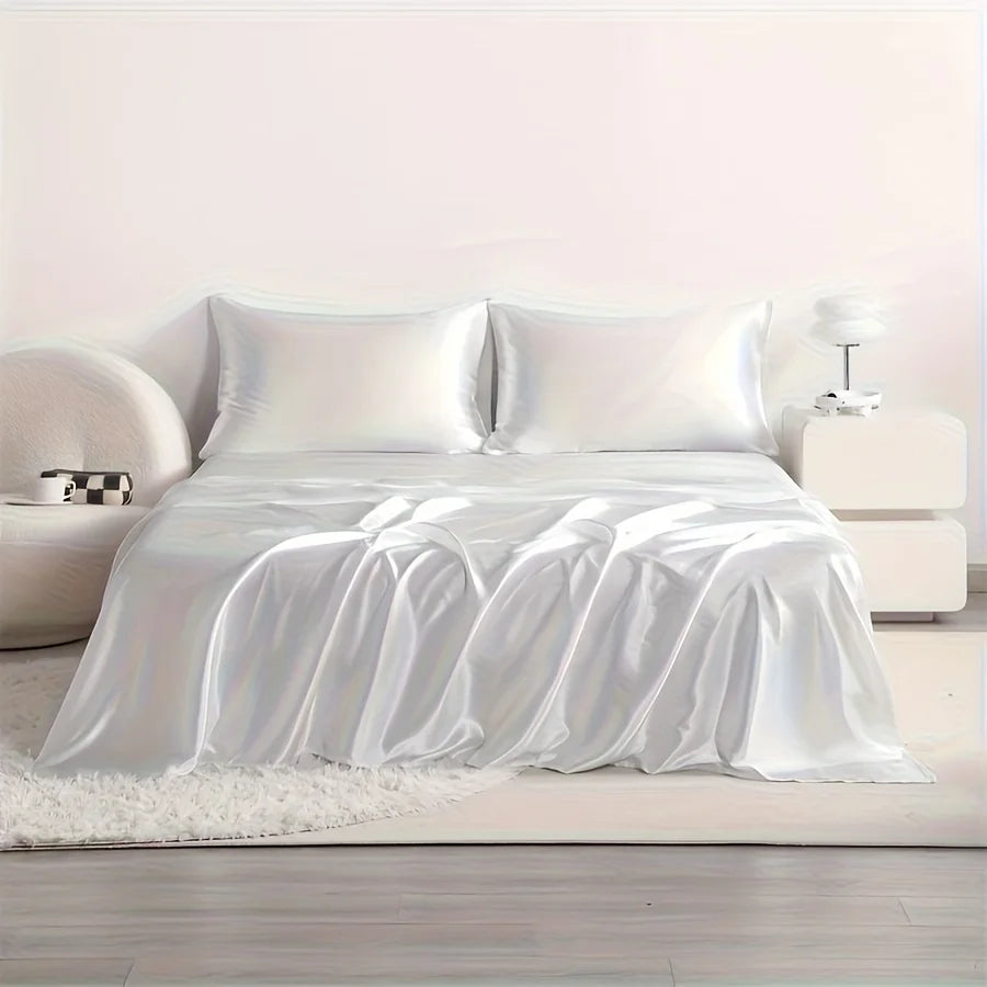 4-Piece Cooling Satin Bed Sheet Set – Breathable Hypoallergenic 500TC Flat Sheet, Fitted Sheet & 2 Pillowcases