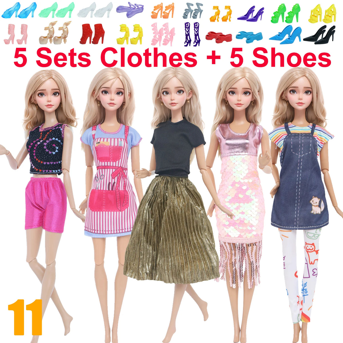 10-Piece 1/6 Scale Doll Clothes Set for 11.5–12 in (30 cm) Dolls — Dresses, Shirts, Pants & Shoes