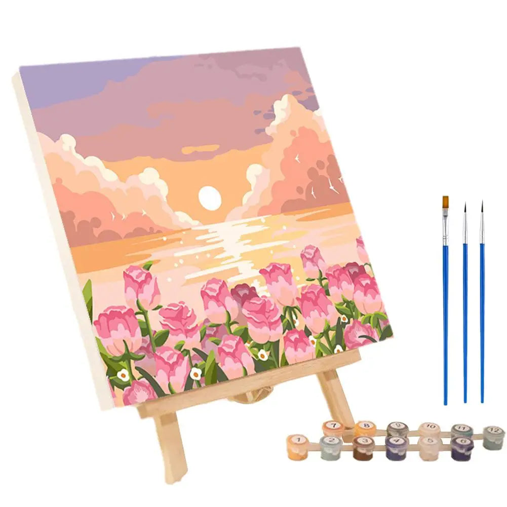 Framed Paint by Numbers Kit - Abstract Sunset Landscape, 20 x 20 cm (7.9 x 7.9 in) Canvas | DIY Gouache Painting Kit for Home Decor