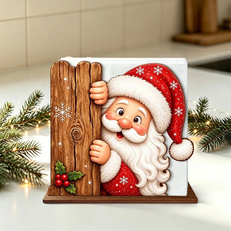 Santa Claus Wooden Napkin Holder - Holiday Tabletop Napkin & Tissue Holder, Christmas Dining Decor