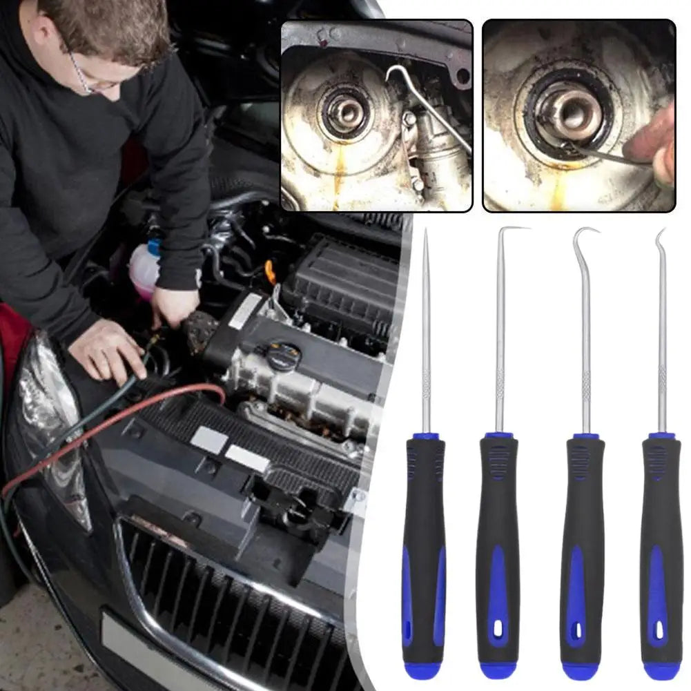 4-Piece Car Oil Seal Hook Tool Set - O-Ring Gasket Puller & Hose Remover, Blue TPR Handles, 165mm (6.5 in) & 240mm (9.45 in)