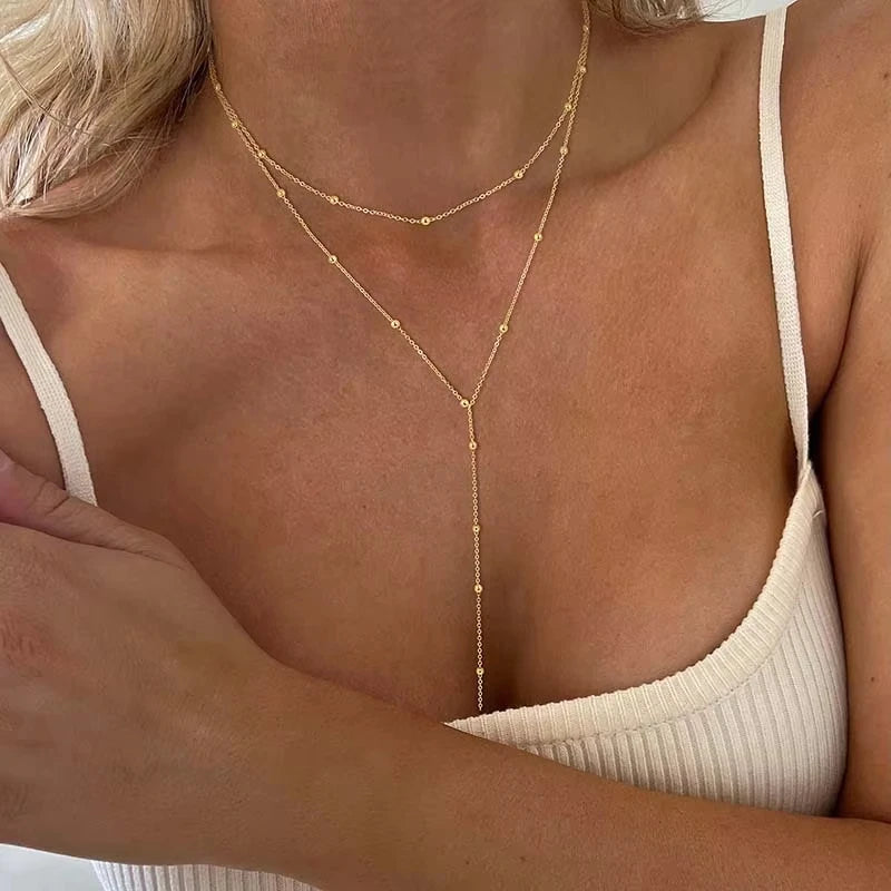 Gold-Plated Stainless Steel Lariat Necklace - Dainty Long Y-Shape Layered Pendant for Women & Girls