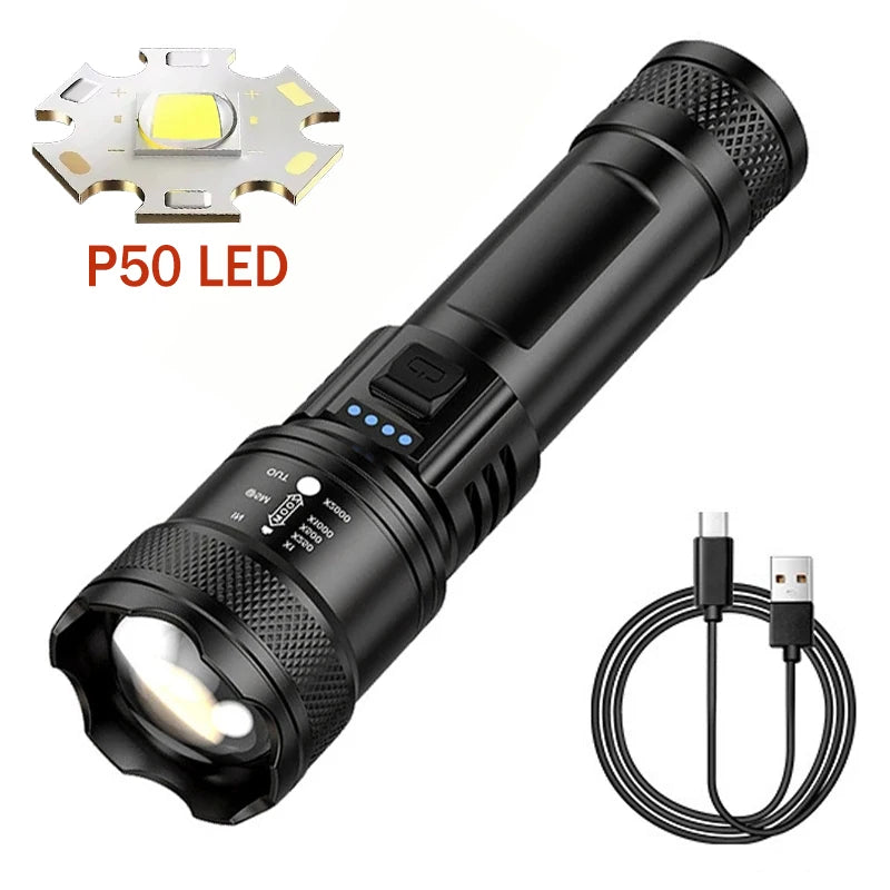2000LM Tactical LED Flashlight with LCD Battery Display — USB-C Rechargeable Zoom Torch, IP67 Waterproof Power Bank for Camping & Emergency