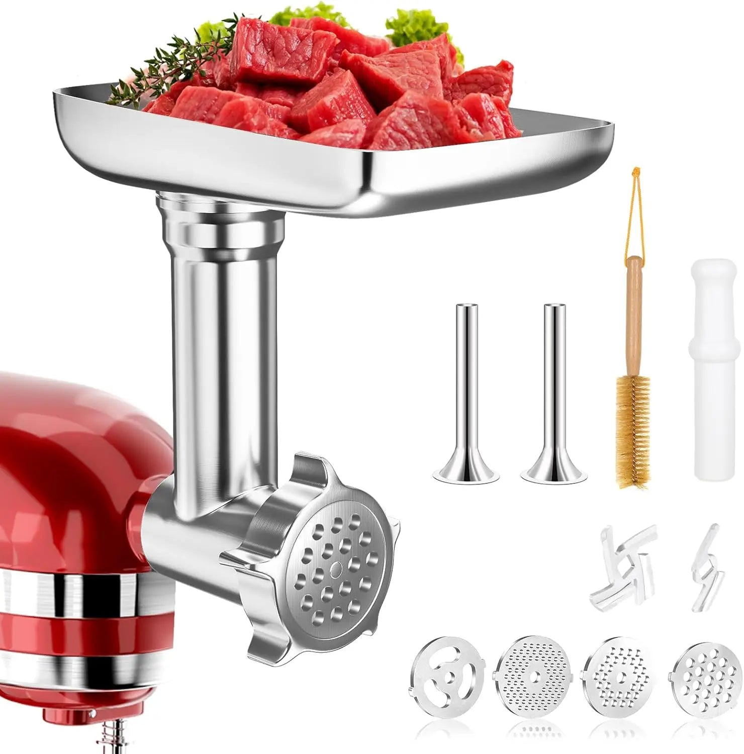 Metal Food Grinder Attachment for Stand Mixers – Meat Grinder & Sausage Stuffer Kit, 4 Grinding Plates