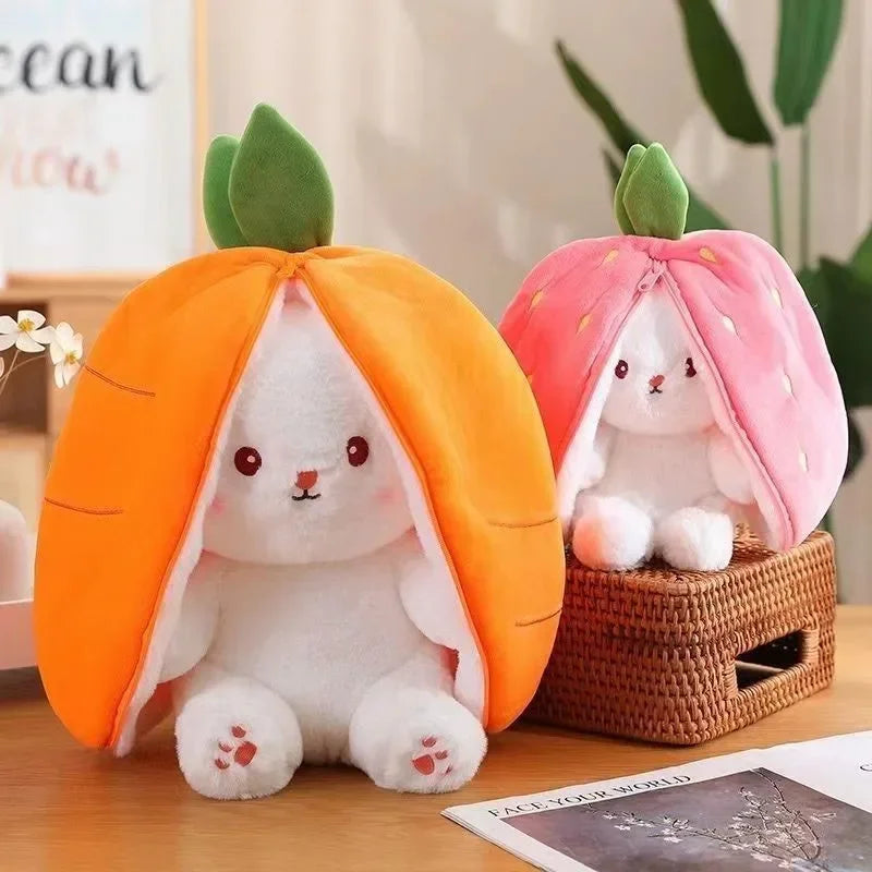 25 cm (9.8 in) Strawberry Carrot Rabbit Plush Toy - Transforming Fruit Bunny Stuffed Animal for Kids Birthday Gift