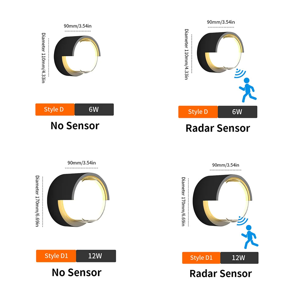 LED Wall Lamp with Radar Motion Sensor – 6W/12W AC85-265V, Warm & Cold White, IP66 Indoor/Outdoor