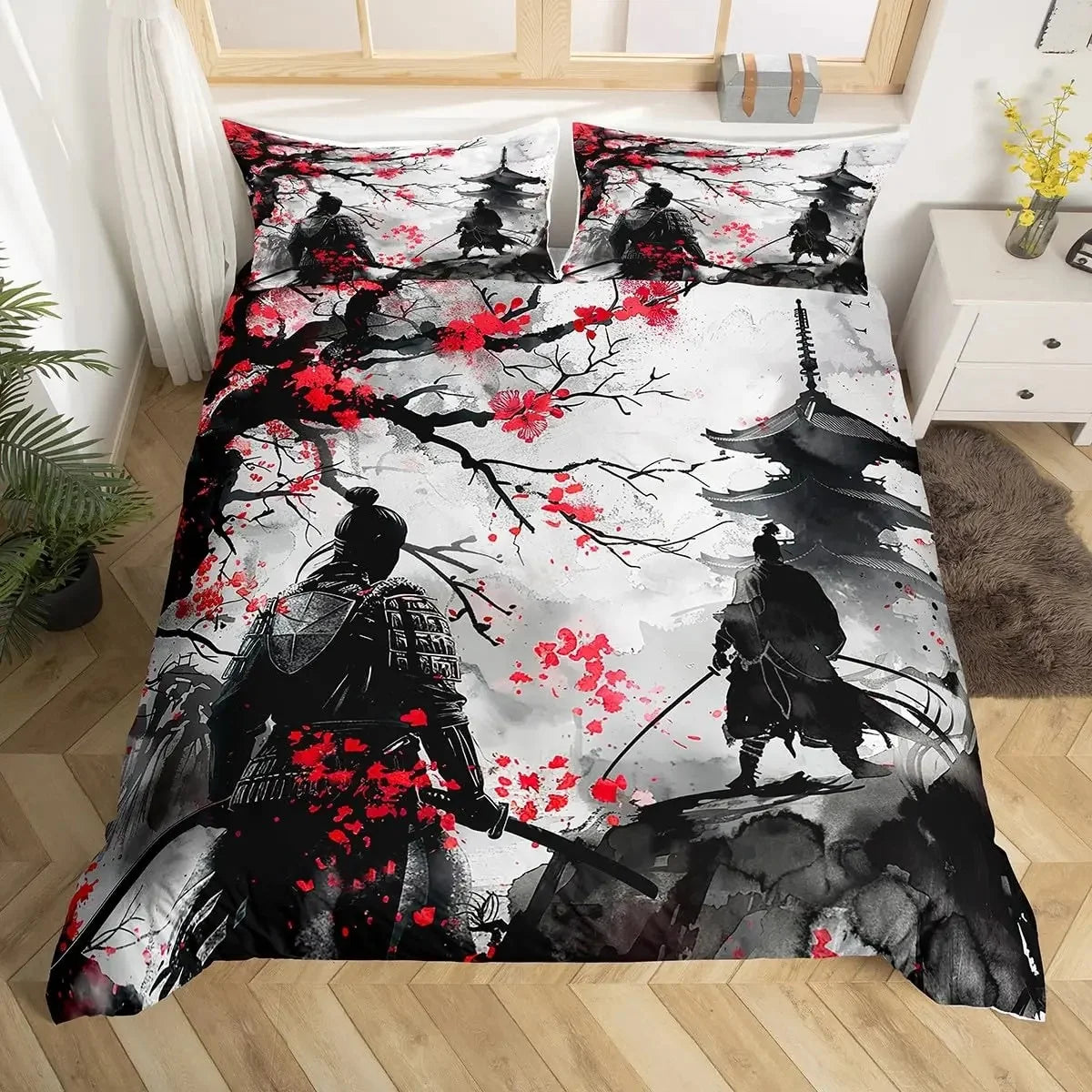 Japanese Samurai Duvet Cover Set 3-Piece - Cherry Blossoms Red Sun & Mount Fuji Print - Multiple Sizes (Twin/Full/Queen/King)