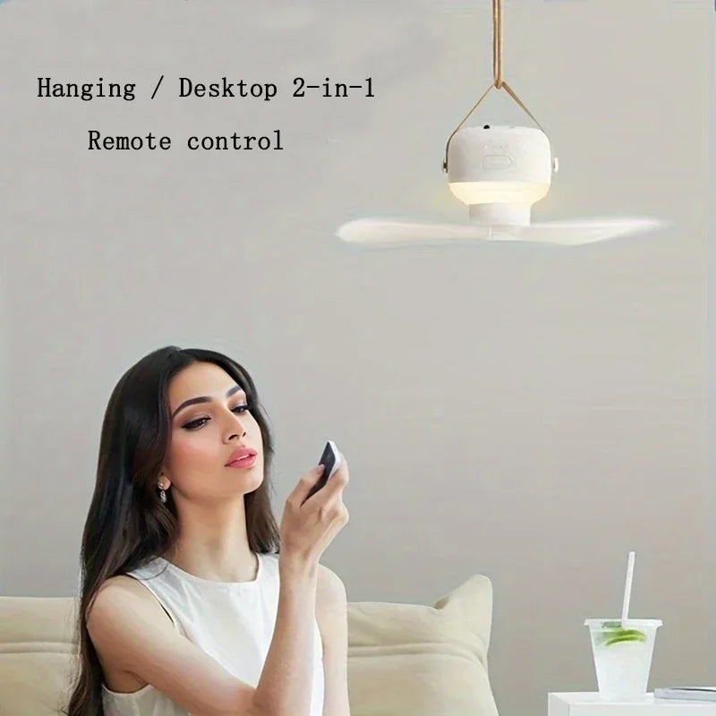 Mini Portable Rechargeable USB Ceiling Fan with LED Light & Remote for Camping & Home