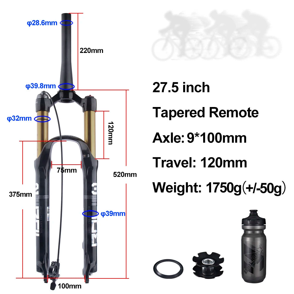 Mountain Bike Air Suspension Fork 26/27.5/29 Inch 100mm Travel (120mm Exposed) Air & Oil Damping Remote Lockout 9mm Axle 32mm Stanchions Disc Brake
