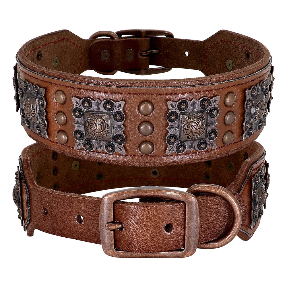 Genuine Leather Spiked Dog Collar – Adjustable L/XL for Medium & Large Dogs (Pitbull, Bulldog, German Shepherd) – Black Brown Green