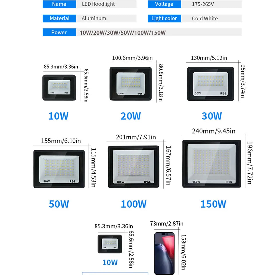 LED Flood Light 10W-150W IP66 Waterproof Outdoor Spotlight - Garden & Wall LED Light (AC 110-240V)