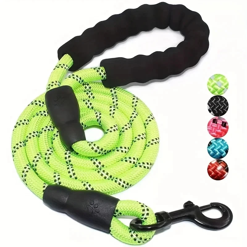 Reflective Padded Handle Dog Leash — Heavy-Duty Double Traction Rope for Strong Dogs with Metal Clip