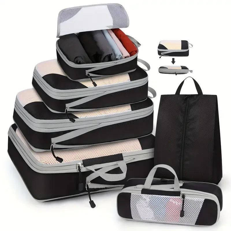 6-Piece Travel Compression Packing Cubes Set with Shoe Bag - Mesh Lightweight Luggage Organizers