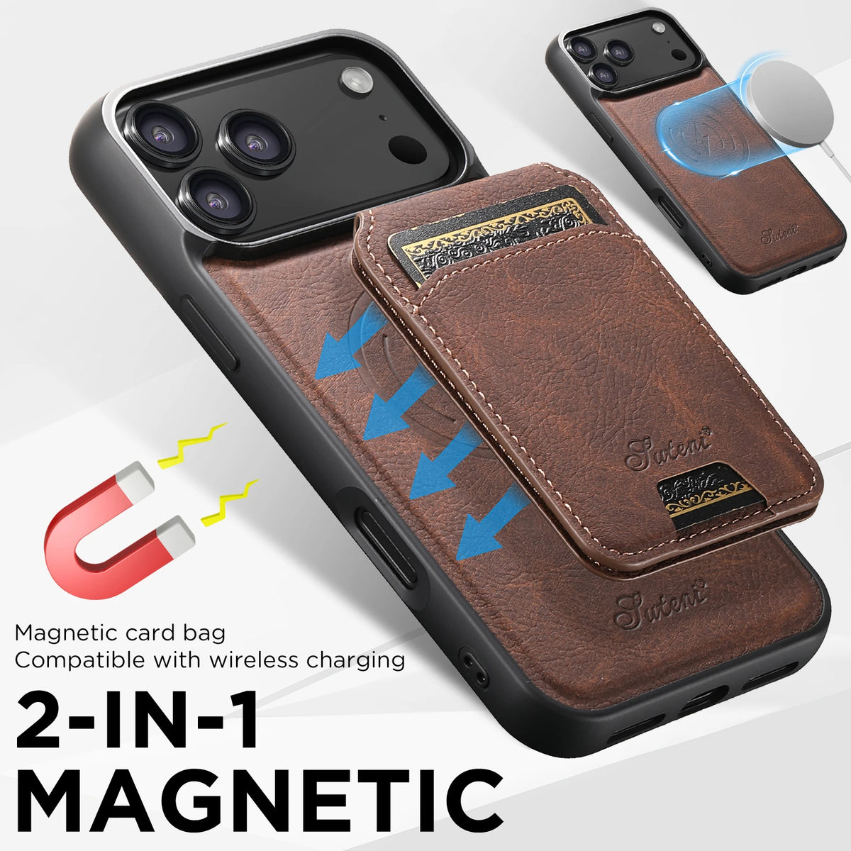 Magnetic Wireless Charging Wallet Phone Case – Faux Leather Card Holder & Stand for iPhone (Multiple Models)