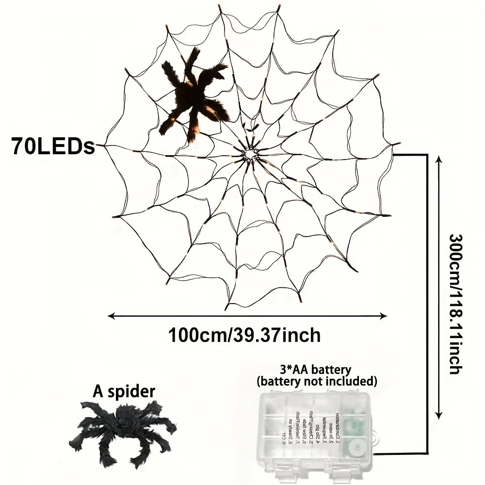 Giant LED Spider Web String Lights with Plush Spider – Luminous Halloween Window & Haunted House Decor