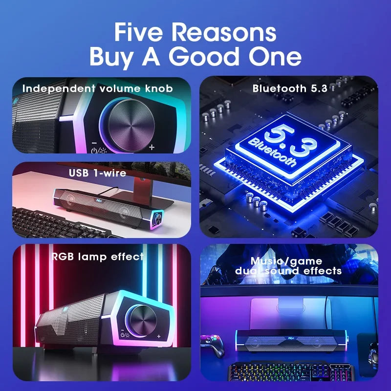 4D Bluetooth Soundbar for Laptop & PC — USB-Powered 2.0 Stereo Surround with RGB Lights & Built-in Mic