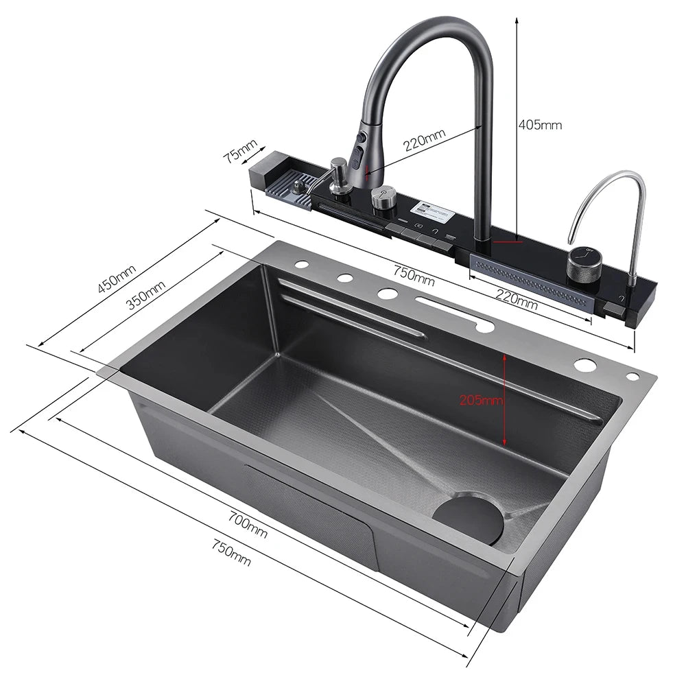 304 Stainless Steel Undermount Kitchen Sink Single Bowl 75 x 45 cm (29.5 x 17.7 in) Brushed Finish with Waterfall Faucet, Digital Display and Soap Dispenser