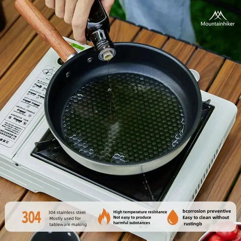 15-Inch (38 cm) Portable Non-Stick Camping Frying Pan with Detachable Wooden Handle Stainless Steel Travel Skillet for Camping & Backpacking