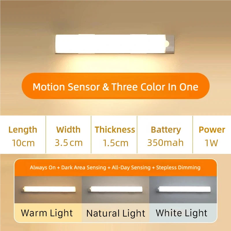 LED Motion Sensor Under-Cabinet Light - USB-C Rechargeable Wireless Night Lamp (10/20/30/40 cm | 4/8/12/16 in)