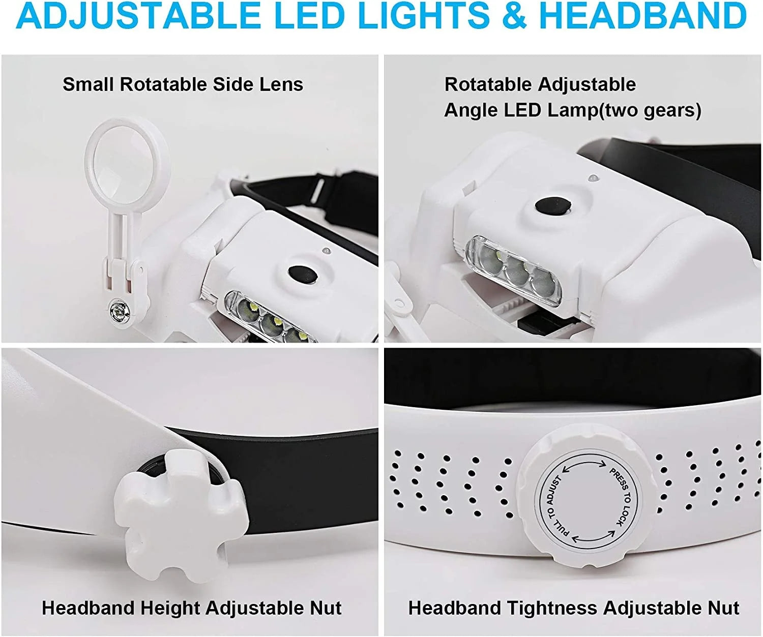 Rechargeable LED Headband Magnifier with Interchangeable Lenses – Adjustable Hands-Free Loupe for Soldering, Jewelry & Crafting