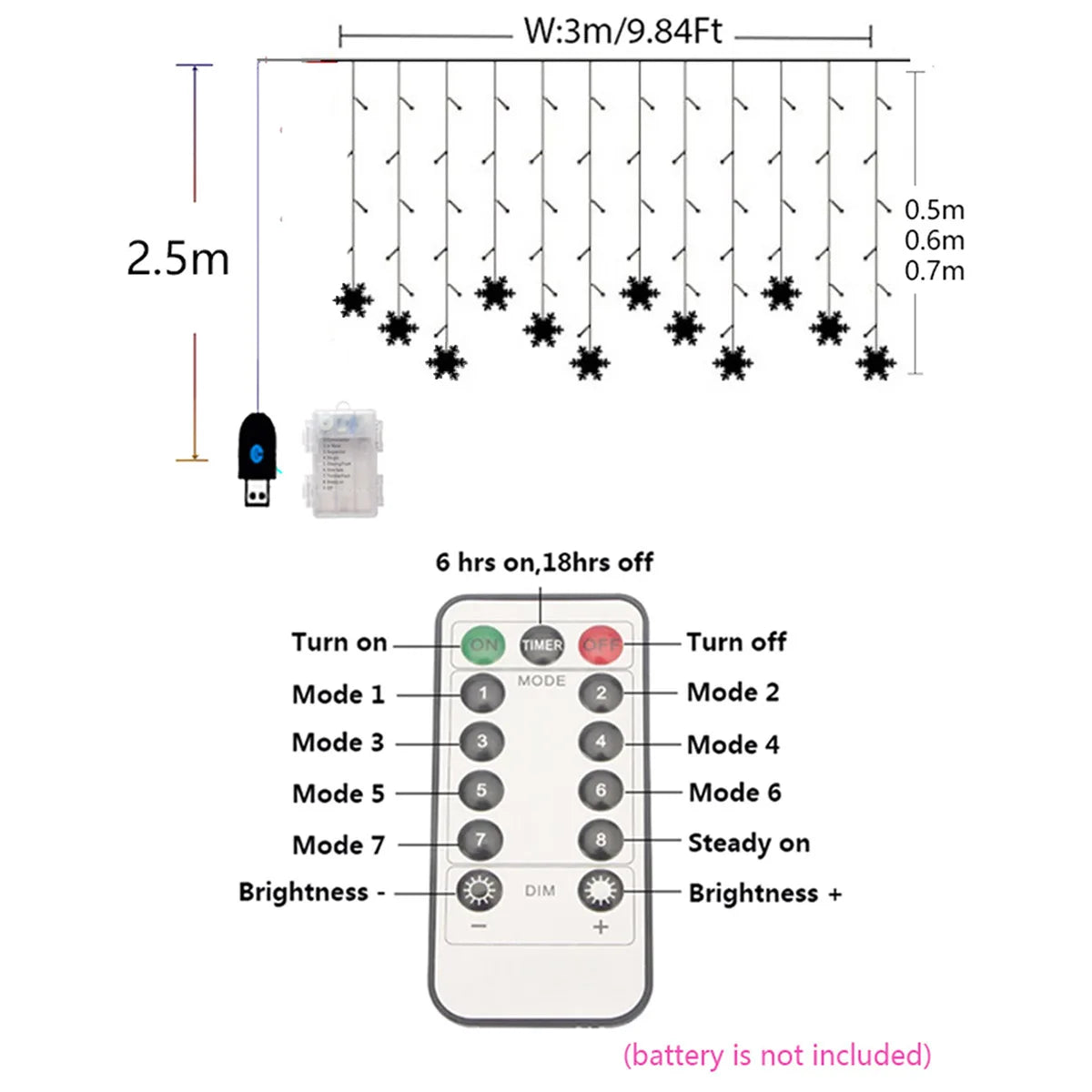 3m (9.8 ft) Snowflake LED Curtain String Lights – USB & Battery Powered Fairy Lights for Christmas, Wedding, Party, Window & Outdoor Decoration