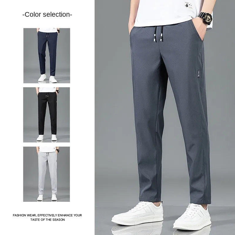 Ice Silk Men's Summer Pants - Breathable Elastic Straight-Leg Business Casual Trousers (Black, Gray)