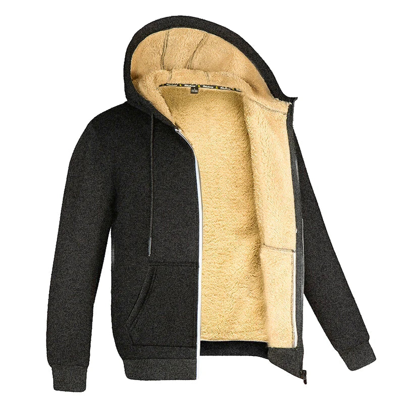 Lambswool-Lined Fleece Hooded Jacket – Thick Zip Winter Coat for Men & Women, Black