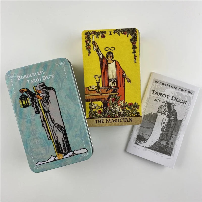 Gilded Borderless Tarot Card Deck in Metal Box with English Guidebook – Classic Vision Artwork