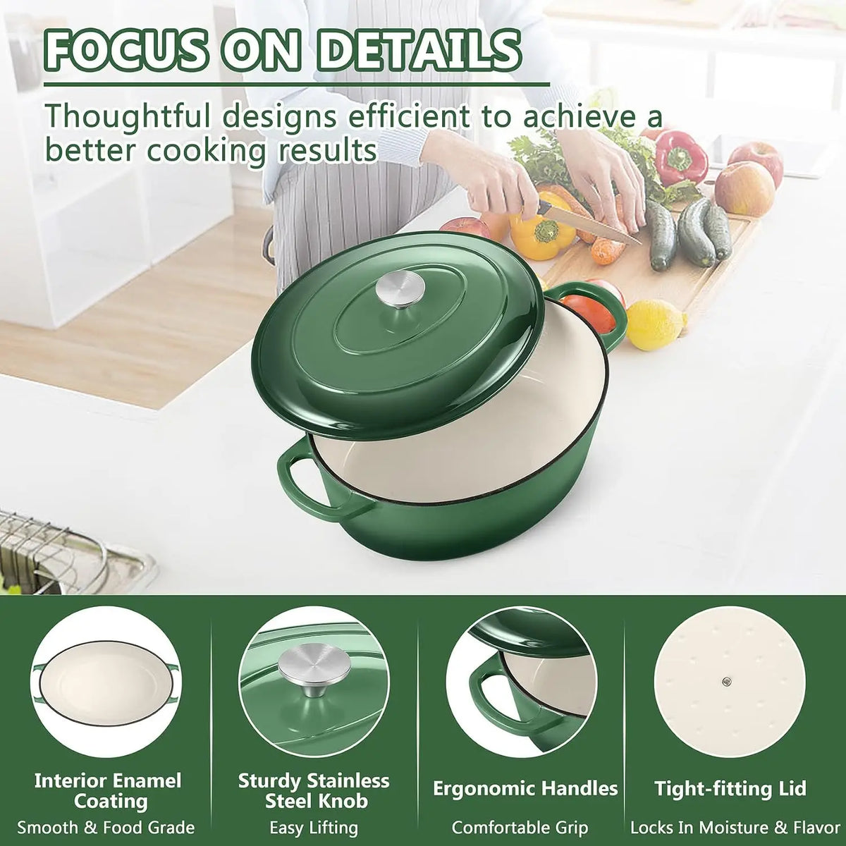 7 Qt (6.6 L) Oval Enameled Cast Iron Dutch Oven with Lid — Oven & Stovetop Safe for Bread Baking, Braising, Stewing & Frying