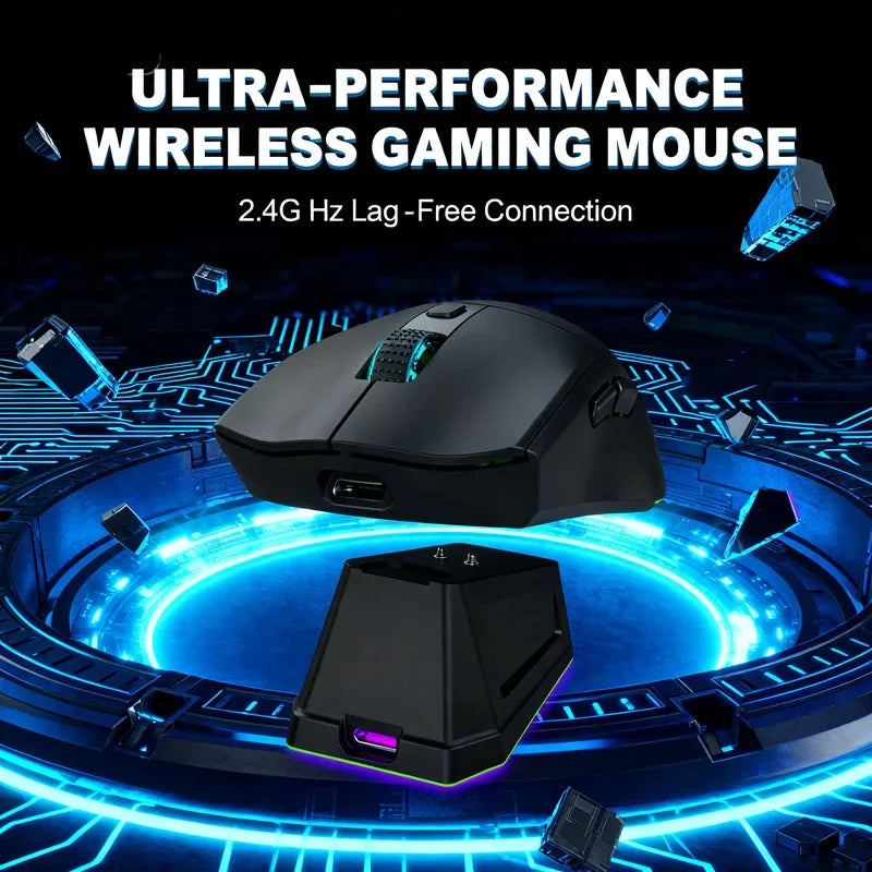 Wireless Bluetooth Dual-Mode Gaming Mouse with Touchscreen and Magnetic Charging Dock, Ultra-Light Macro Controls