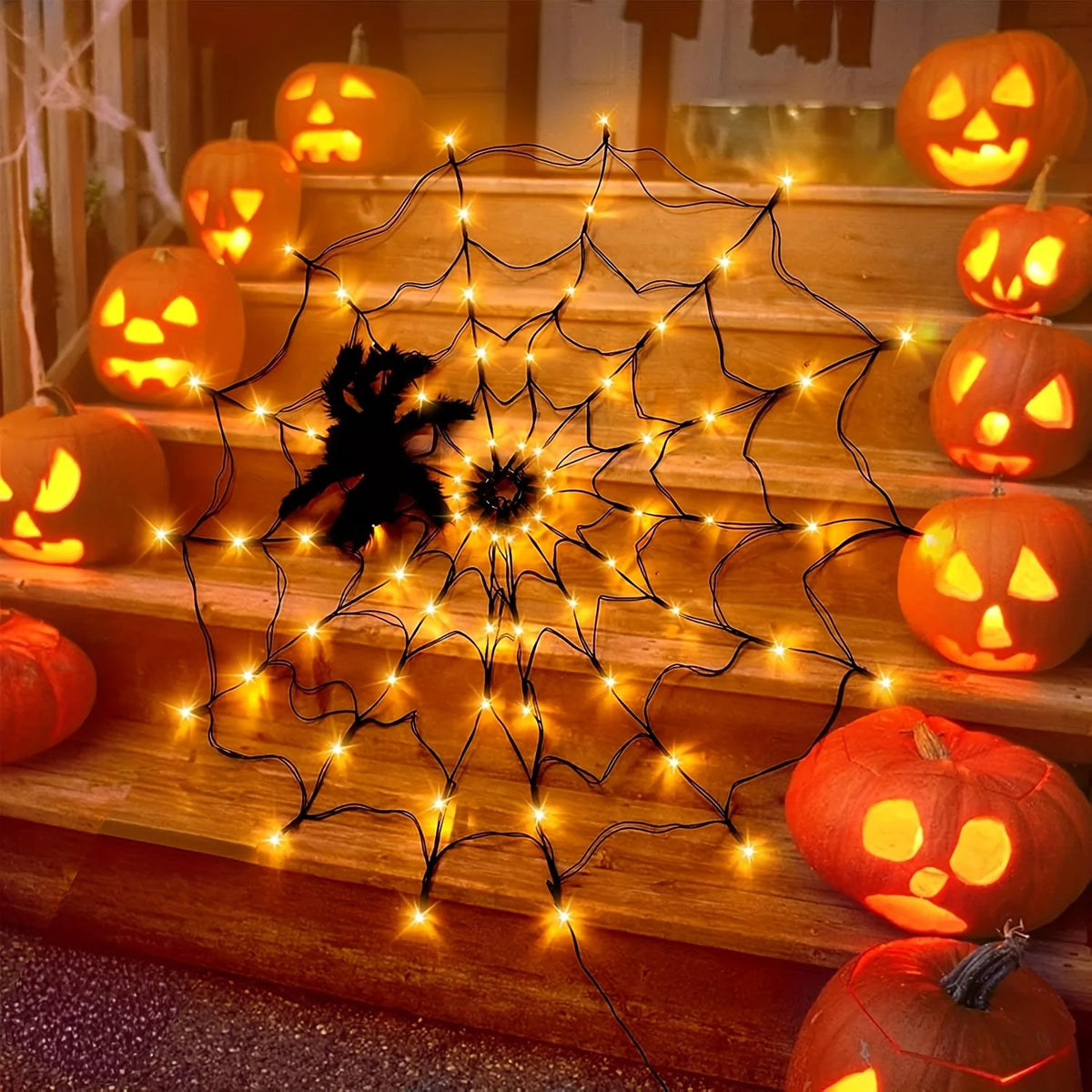 Giant LED Spider Web String Lights with Plush Spider – Luminous Halloween Window & Haunted House Decor