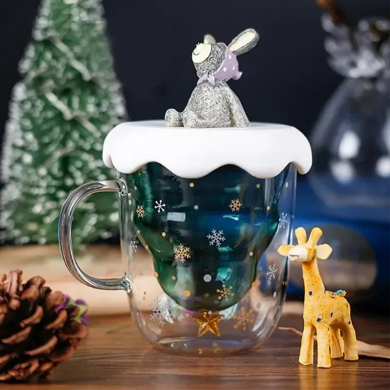 Christmas Tree Double Wall Glass Coffee Mug 300ml (10 fl oz), Heat-Resistant Cartoon Snow Mountain Design