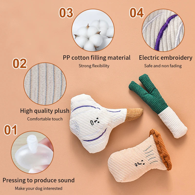 3-Pack Plush Squeaky Dog Toys — Garlic, Mushroom & Onion Soft Fleece Squeakers for Small & Medium Dogs
