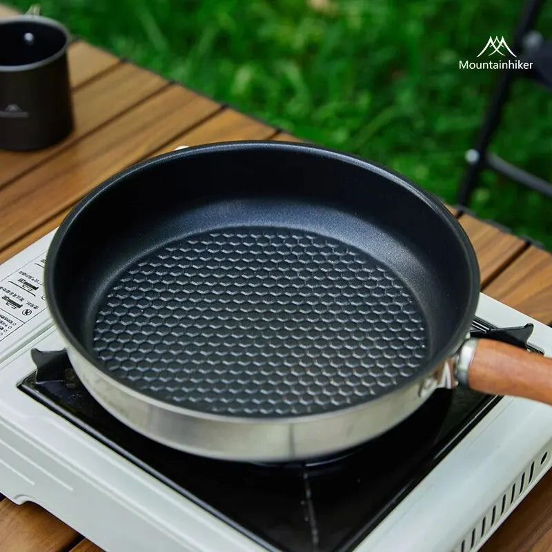 15-Inch (38 cm) Portable Non-Stick Camping Frying Pan with Detachable Wooden Handle Stainless Steel Travel Skillet for Camping & Backpacking