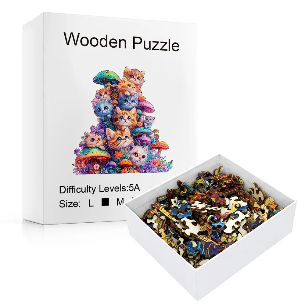 Adult Wooden Jigsaw Puzzle Mushroom Cat Irregular Shape Gift for Puzzle Lovers