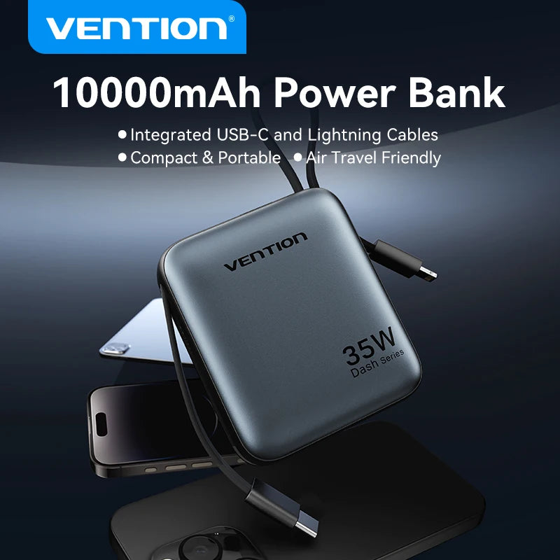 10000mAh 35W PD Fast Charging Power Bank with Built-in USB-C & Lightning Cables Compact Portable Charger for iPhone and Android