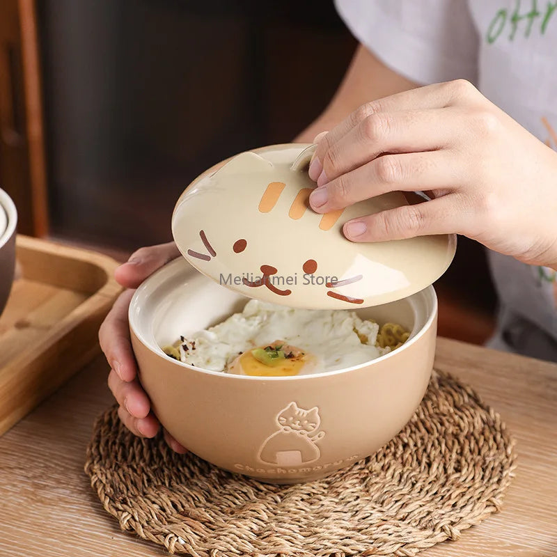 Japanese Style Ceramic Soup Bowl with Lid Cute Cat Cartoon Porcelain Noodle & Rice Bowl