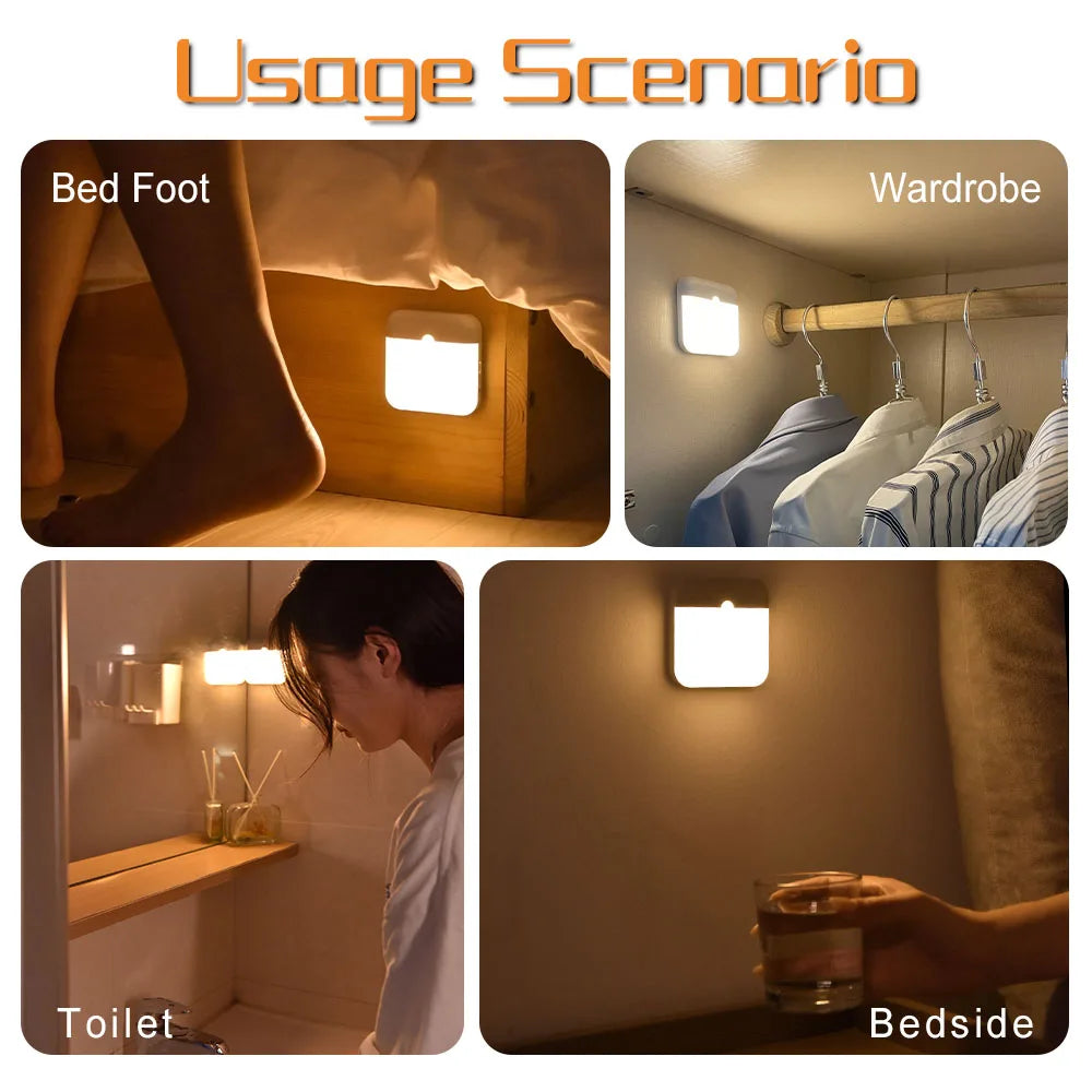 Motion Sensor LED Night Light - USB Type-C Rechargeable Square Lamp for Bedroom, Kitchen, Stair, Hallway, Wardrobe, Cupboard