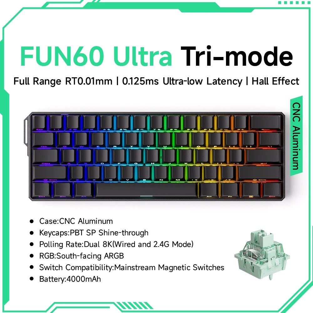60% Magnetic Hot-Swappable Mechanical Keyboard — Tri-Mode USB-C / Bluetooth 5.0 / 2.4GHz, PBT Doubleshot Keycaps & ARGB Lighting