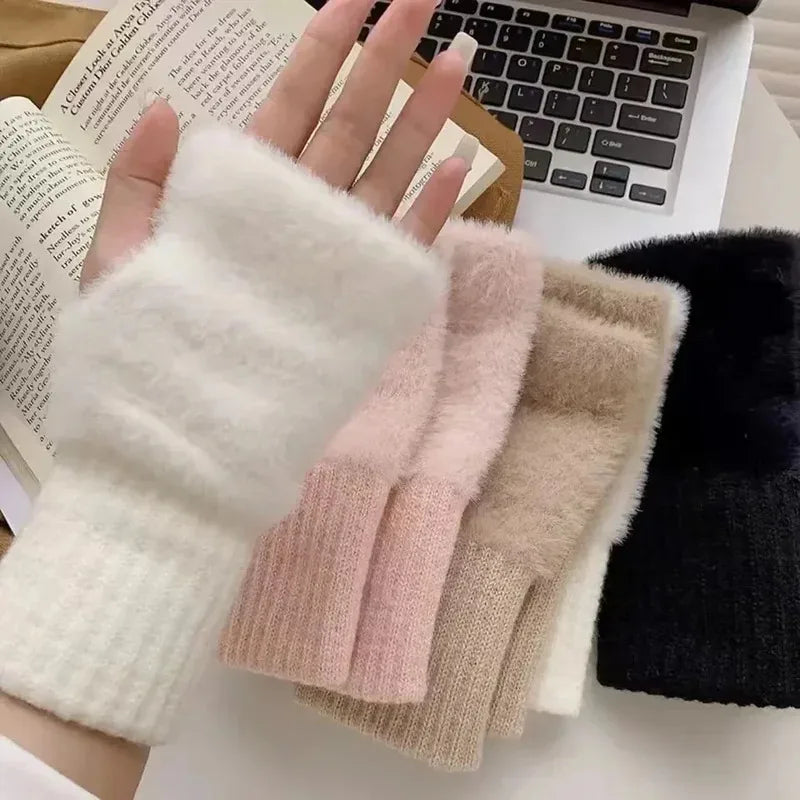 Solid Color Plush Knitted Fingerless Gloves – Warm Half-Finger Winter Gloves for Women