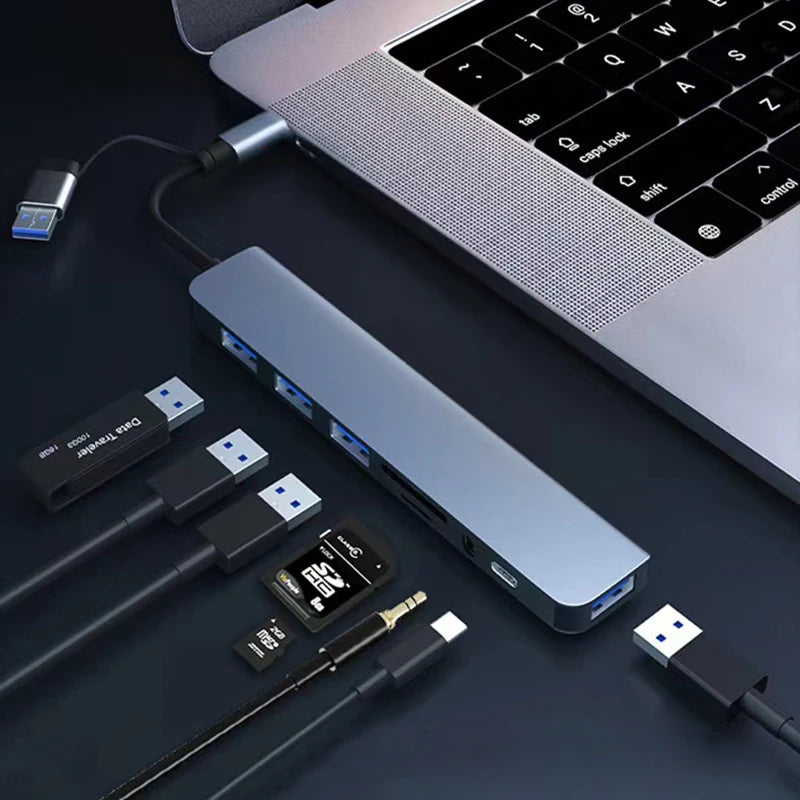 8-in-1 USB Hub Docking Station with USB-C & USB-A, SD/TF Card Reader and 3.5mm Audio Jack for Laptop Tablet Phone