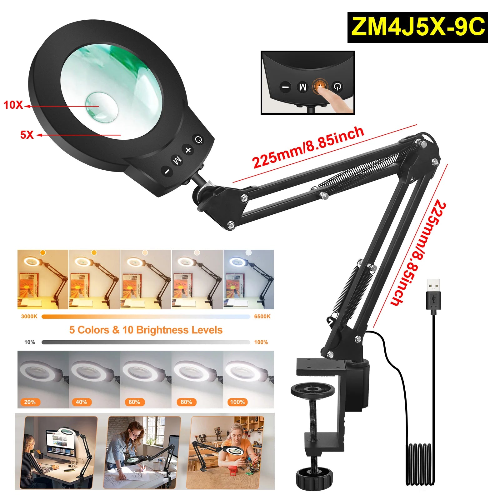 Adjustable 5X/10X Magnifying Lamp with 110mm (4.3 in) Lens - Touch 5-Color LED, 10-Level Dimming, Long Swing Arm Clamp Light for Reading, Jewelry & Soldering