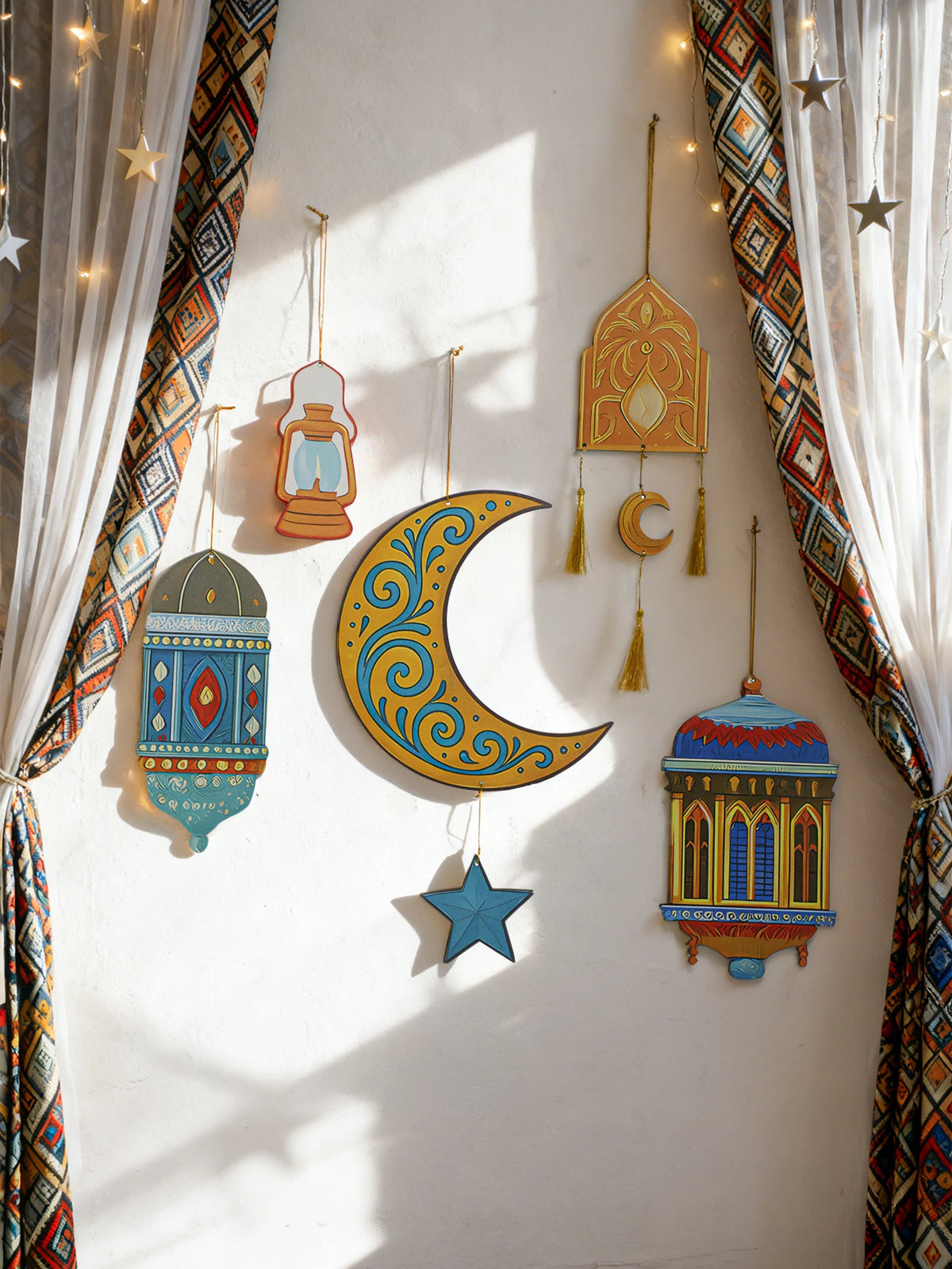 Ramadan Moon and Star Lantern Wall Decor with Tassel – Eid Mubarak Hanging Ornament for Muslim Festival Home Gift